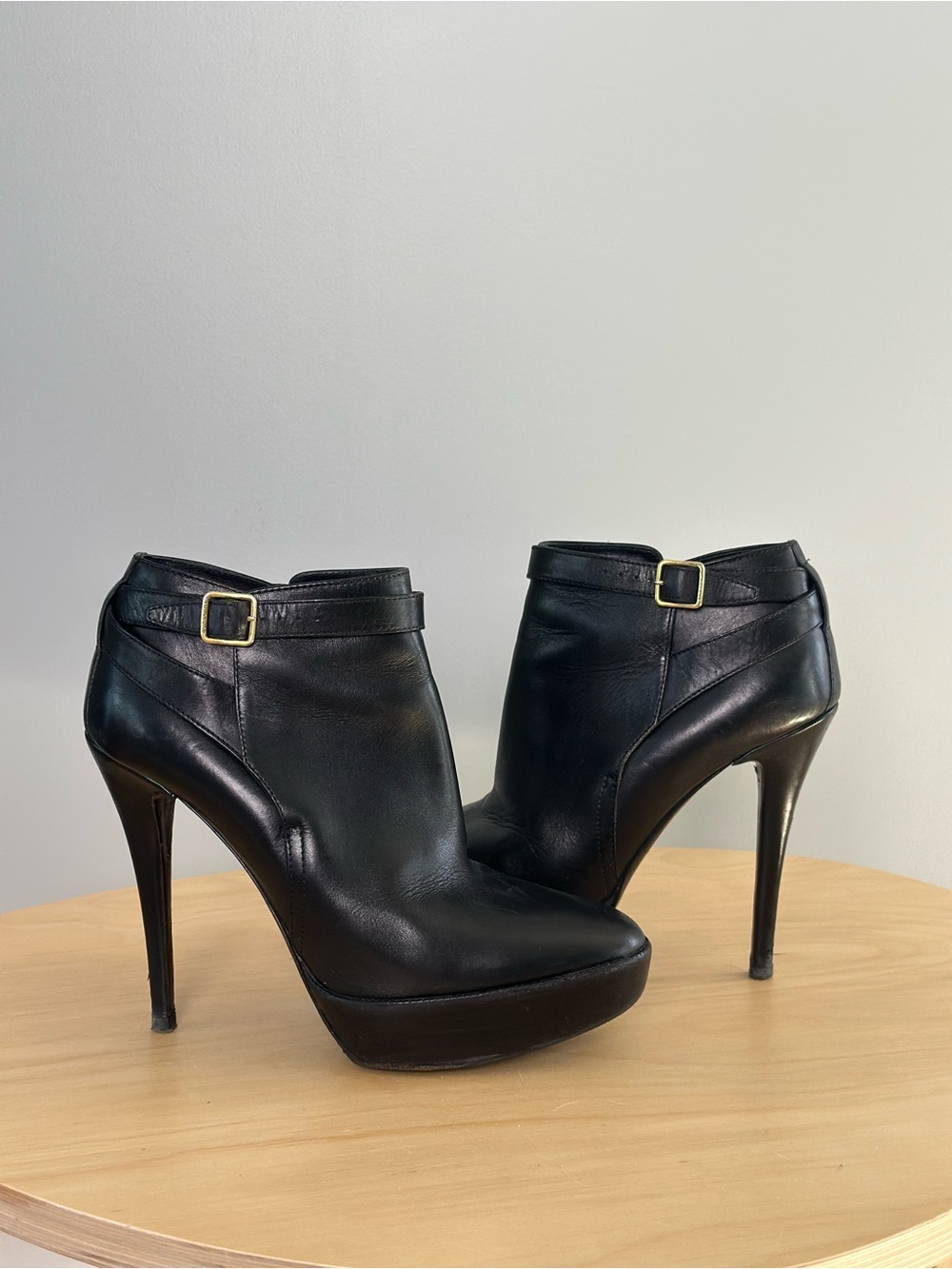Burberry Black Leather High-Heel Ankle Booties with Buckle